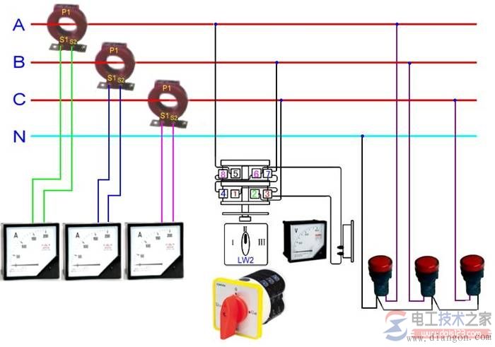 电流互感器接电流表与电压表实物接线图