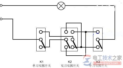 三个开关控制一盏灯的接线图怎么画？