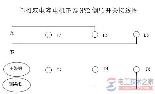 单相双电容电机HY2倒顺开关接线图2