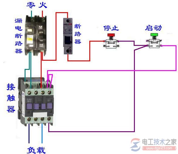 交流接触器实现启动停止的接线图1