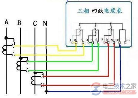 三相四线电度表的接线图