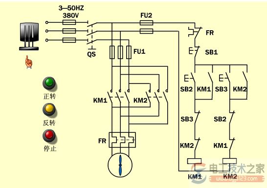双交流接触器互锁的正反转控制电路接线图2