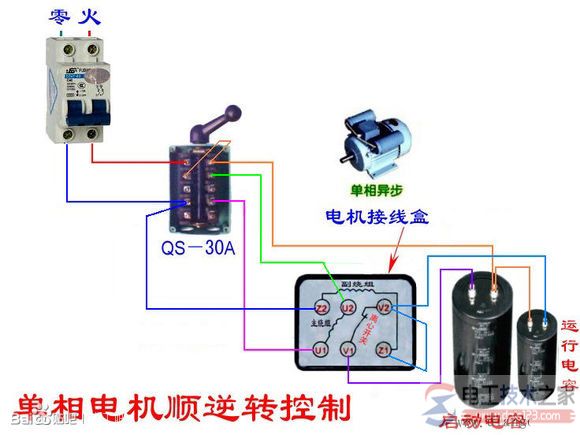 单相电机倒顺开关实物接线图1