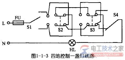 四地控制一盏灯线路图