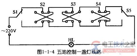 五地控制一盏灯线路图