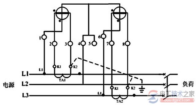 电度表经电流互感器与有、无功电表的接线原理图1