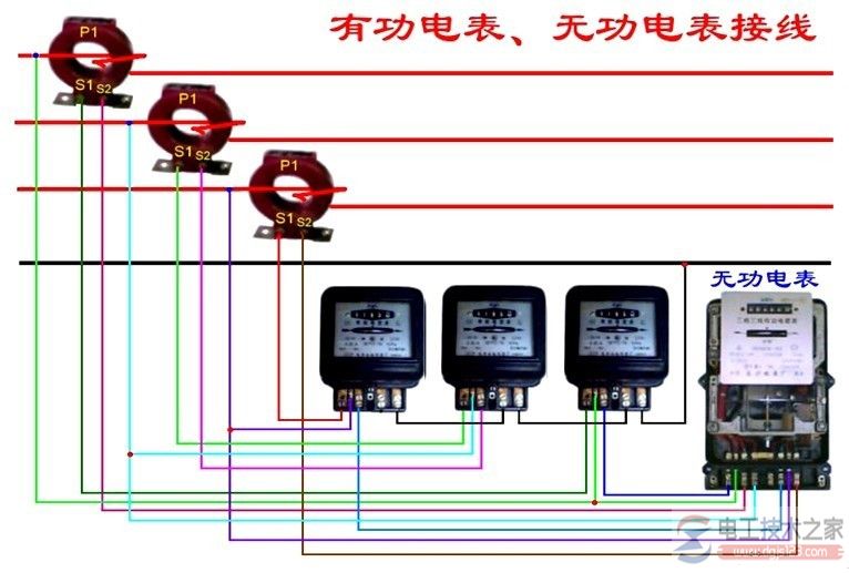 电度表经电流互感器与有、无功电表的接线原理图2