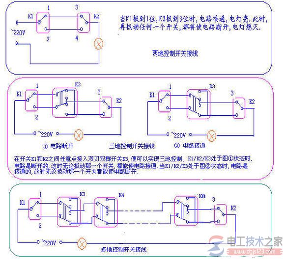 三个开关控制一个灯的线路图