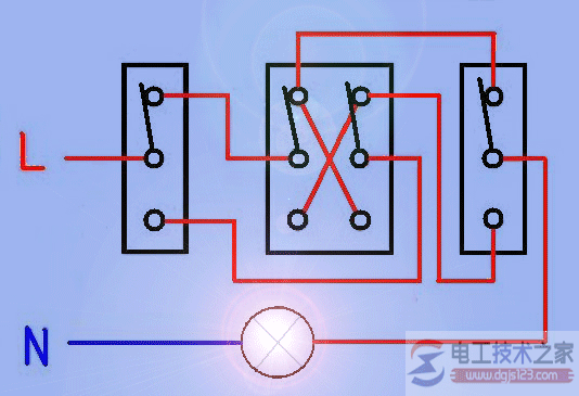 三个开关控制一个灯的线路图