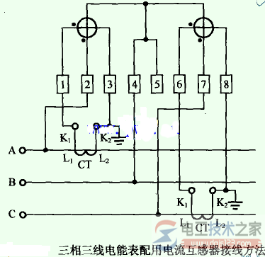 三相三线电能表经<a href=/zt/dianliuhuganqi/ target=_blank class=infotextkey>电流互感器</a>的接线图