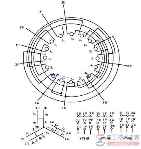 36槽8/6/4极YY电动机接线图