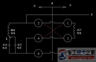 倒顺开关控制单相电动机正反转的电路图