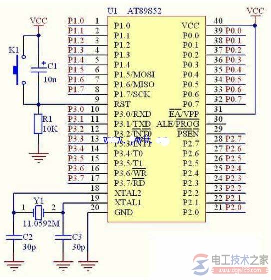 at89s52单片机最小系统电路原理图