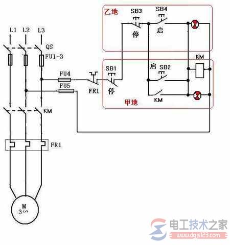 电机两地控制方法及电路图