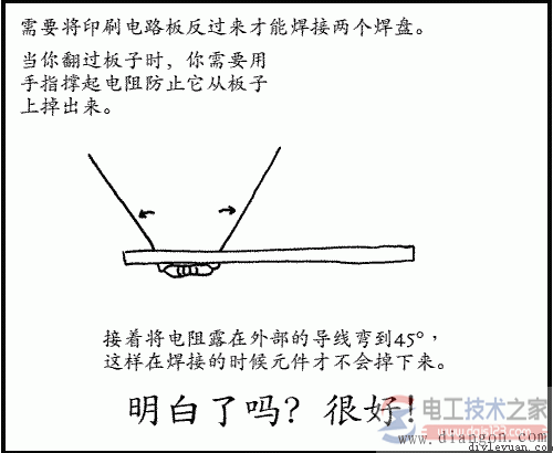 需要将印刷电路板反过来才能焊接两个焊盘。