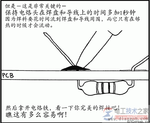 保持电烙头在焊盘和导线上的时间多加1秒钟