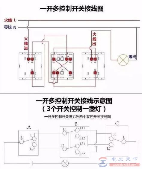 电灯开关单开单控与单开双控的接线法