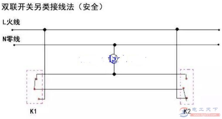 一个双联双控开关的接线图