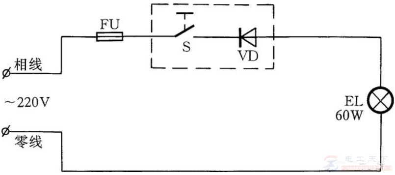 二极管延长白炽灯使用寿命的线路图