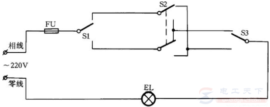 3个开关控制一盏灯的接线线路图