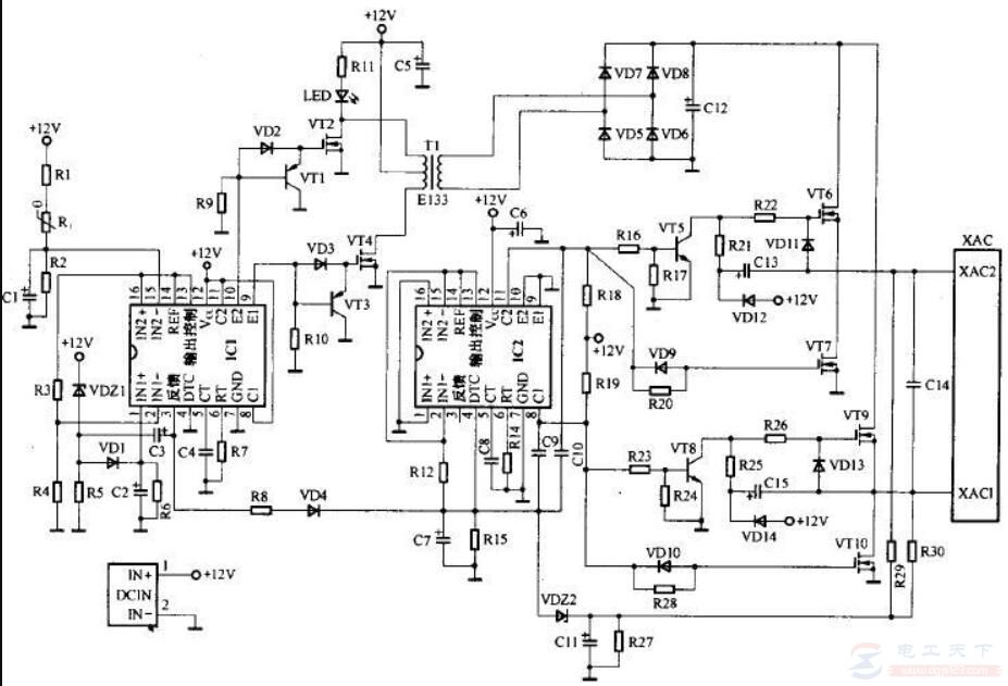 一例车载逆变器的电路原理图，车载逆变器各部分的作用说明