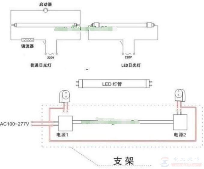 日光灯换LED灯管的接线方法