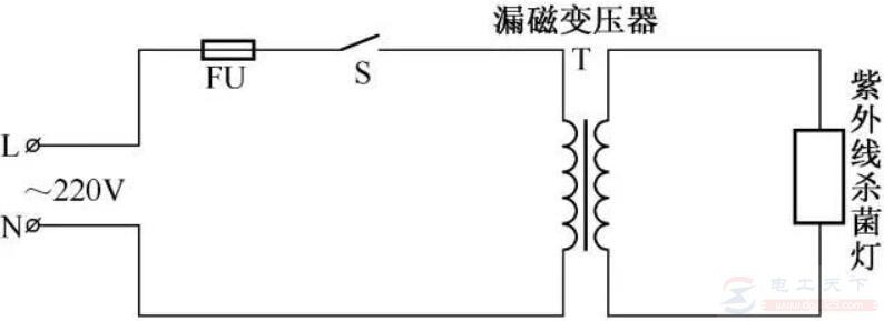 一例紫外线杀菌灯的接线电路图