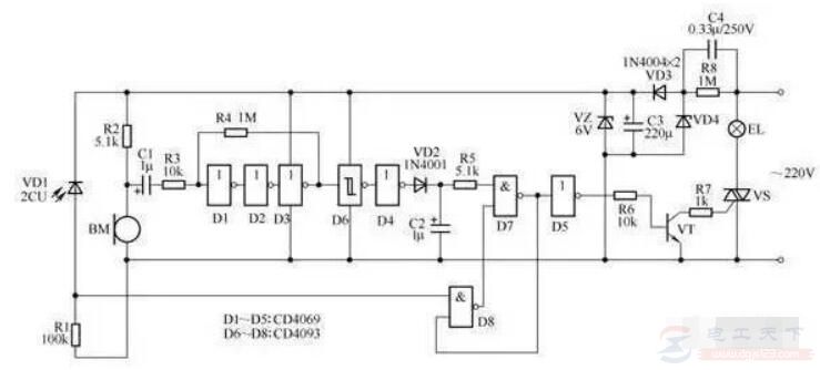 一例声光控自动照明灯电路图，声控照明灯的电路组成及工作原理