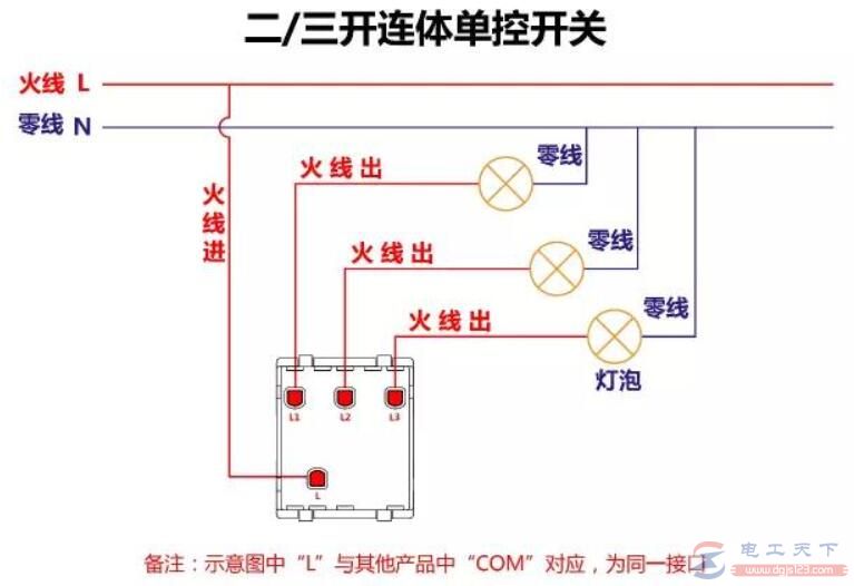 二三开连体单控开关接线图