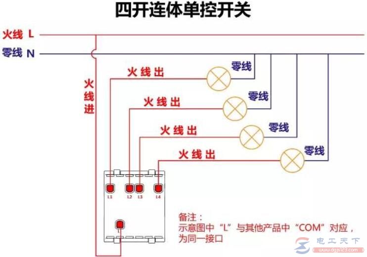 四开连体单控开关接线图