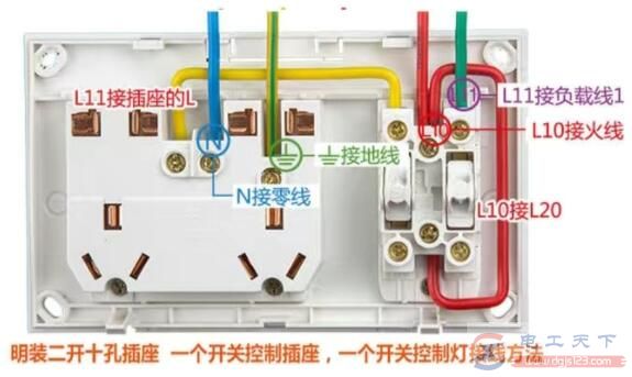 开关插座接线图：明装二开十孔插座的接线方法