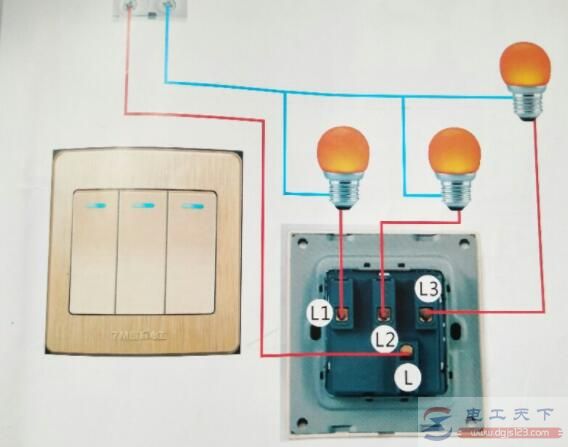 电灯接线图示例：三个单孔开关控制三盏灯