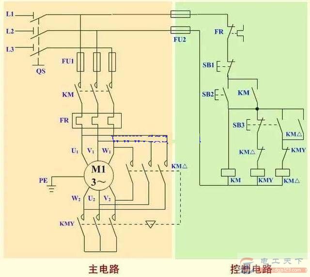 一例按钮和接触器Y-△降压启动的电路图