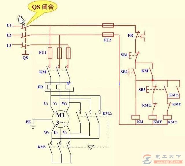 一例按钮和接触器Y-△降压启动的电路图