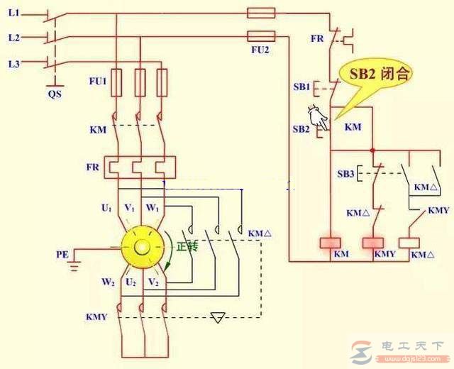 一例按钮和接触器Y-△降压启动的电路图