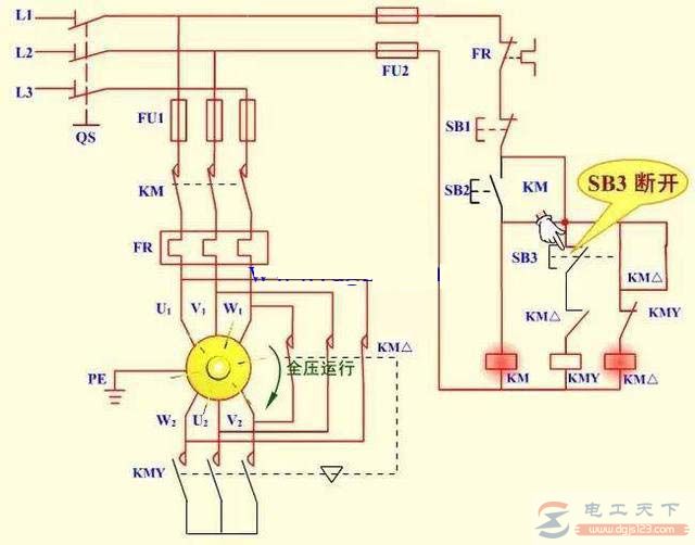 一例按钮和接触器Y-△降压启动的电路图