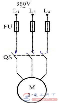 一例三相异步电动机直接启动的电路图，带电路保护功能