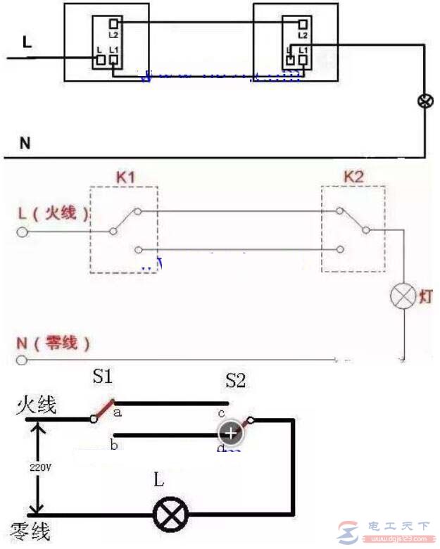 单联双控开关怎么接线，附单开双控开关的接法图示