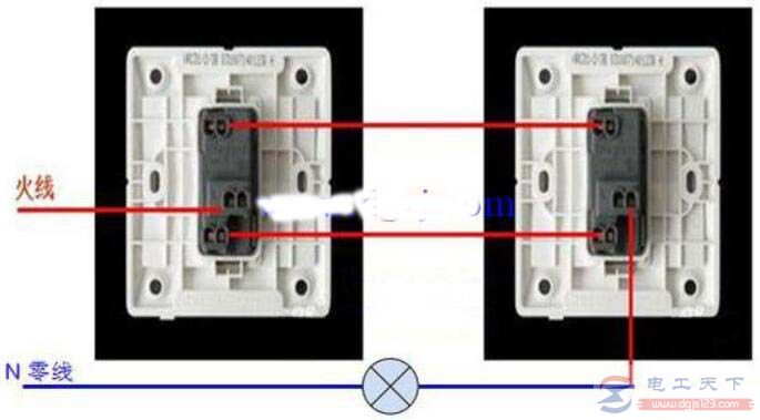 一例单开双控开关的接线图，附多个实物接线图