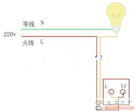 一例单控开关改双控开关的接线图，两个开关均能控制照明灯泡