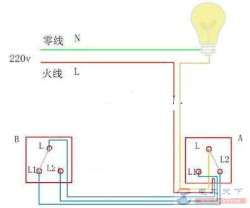 一例单控开关改双控开关的接线图，两个开关均能控制照明灯泡