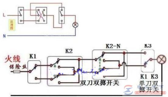 一灯多控开关的接线：1灯3控开关接线实物图