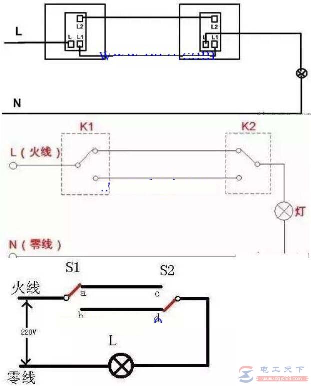 一例单联双控开关的接线图，实例学习双控开关接线方法