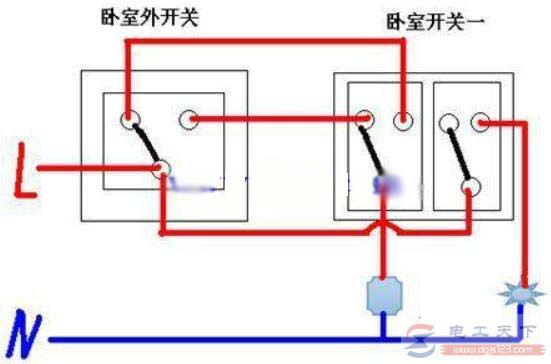 一例应急照明单联双控开关的接线图