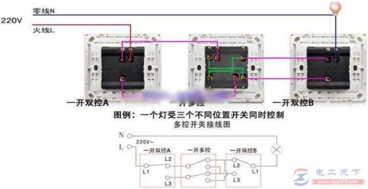 卧室灯三控接线图：三个开关控制一盏灯的接线方法