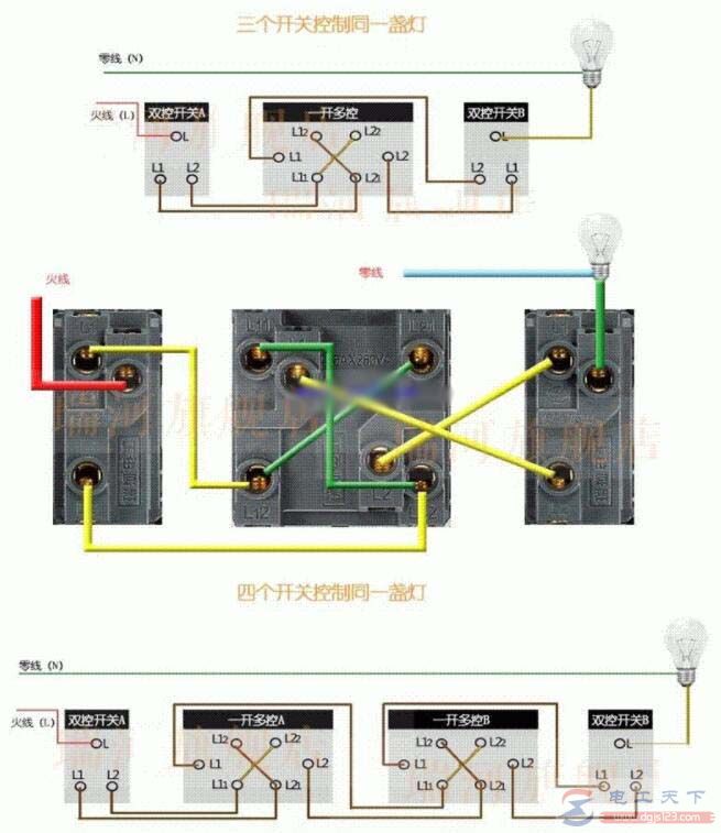 一例飞雕多控开关的接线图