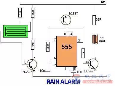 一个555定时器实现的雨水警报器的例子