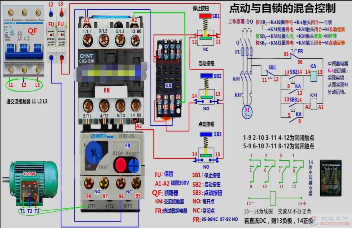 二例电动机自锁控制的电路图：完整自锁控制及点动与自锁的混合控制