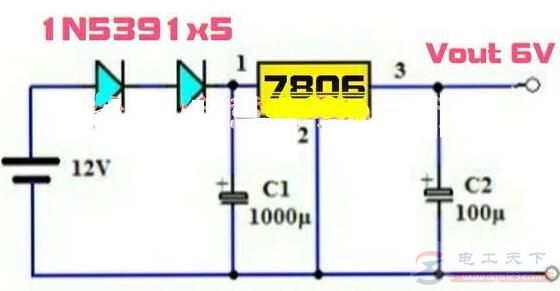 一例7806构成的12V转6V稳压电源电路图