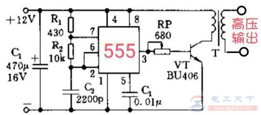 一例555定时器实现的高压发生器电路图